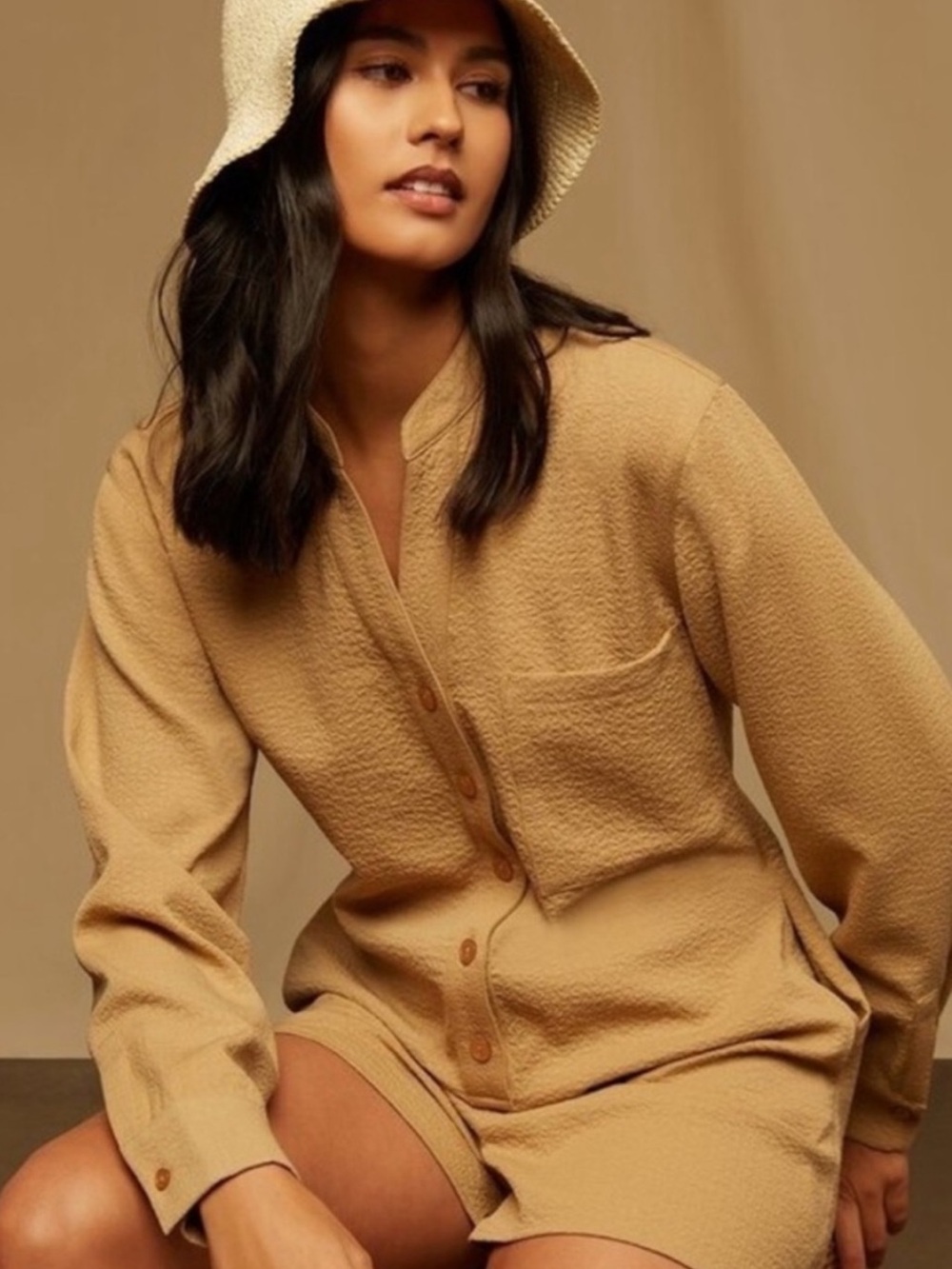 NWT Onia Crinkle Button Down Romper~Tan
